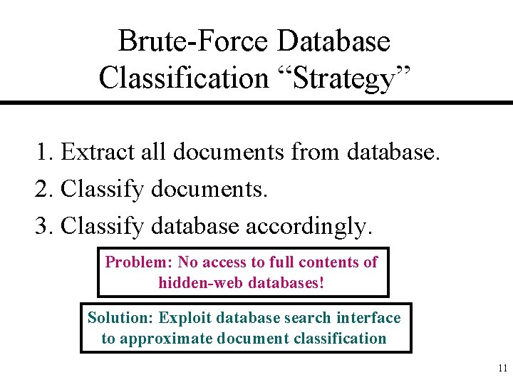 Brute-Force Database Classification “Strategy” 1. Extract all documents from database. 2. Classify documents. 3.