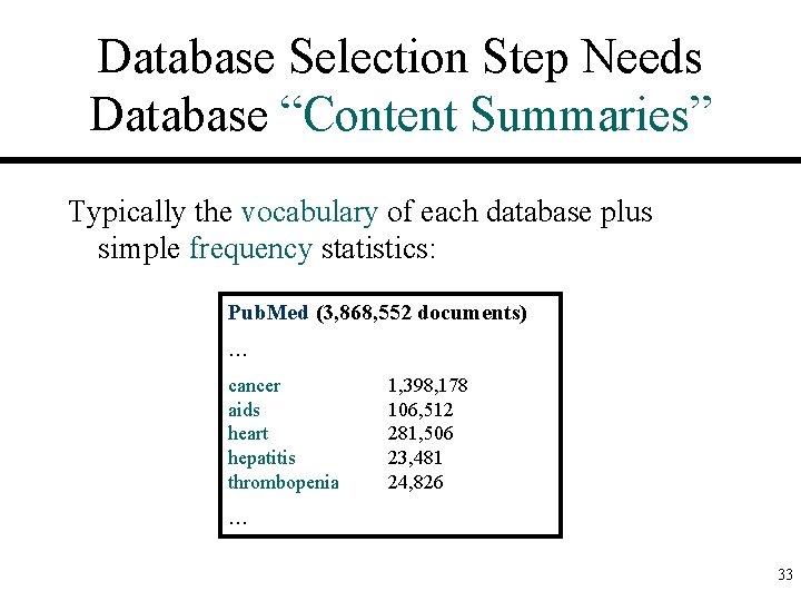 Database Selection Step Needs Database “Content Summaries” Typically the vocabulary of each database plus