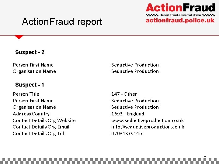 Action. Fraud report Suspect - 2 Person First Name Organisation Name Seductive Production Suspect