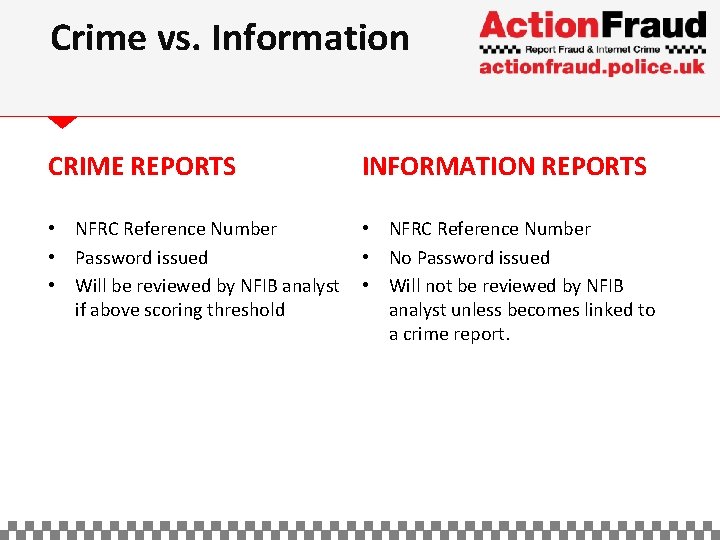 Crime vs. Information CRIME REPORTS INFORMATION REPORTS • NFRC Reference Number • Password issued