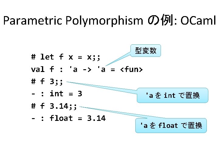 Parametric Polymorphism の例: OCaml 型変数 # let f x = x; ; val f