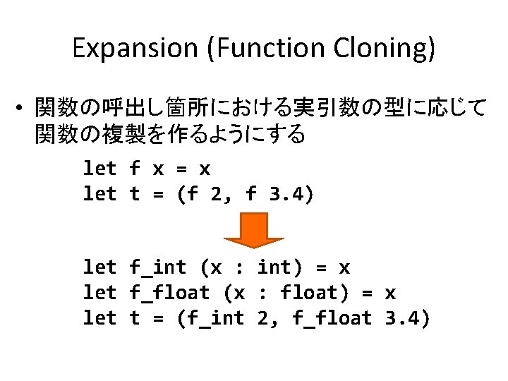 Expansion (Function Cloning) • 関数の呼出し箇所における実引数の型に応じて 関数の複製を作るようにする let f x = x let t =