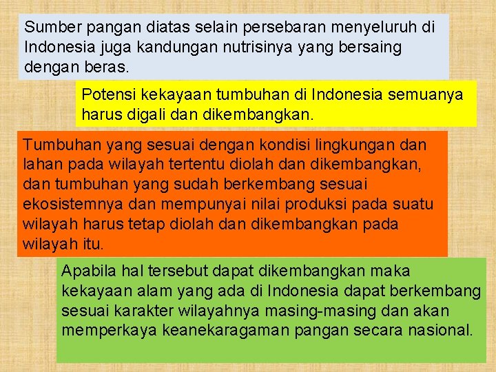 Sumber pangan diatas selain persebaran menyeluruh di Indonesia juga kandungan nutrisinya yang bersaing dengan