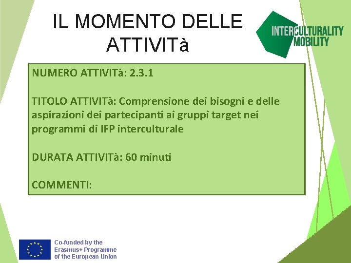 IL MOMENTO DELLE ATTIVITà NUMERO ATTIVITà: 2. 3. 1 TITOLO ATTIVITà: Comprensione dei bisogni