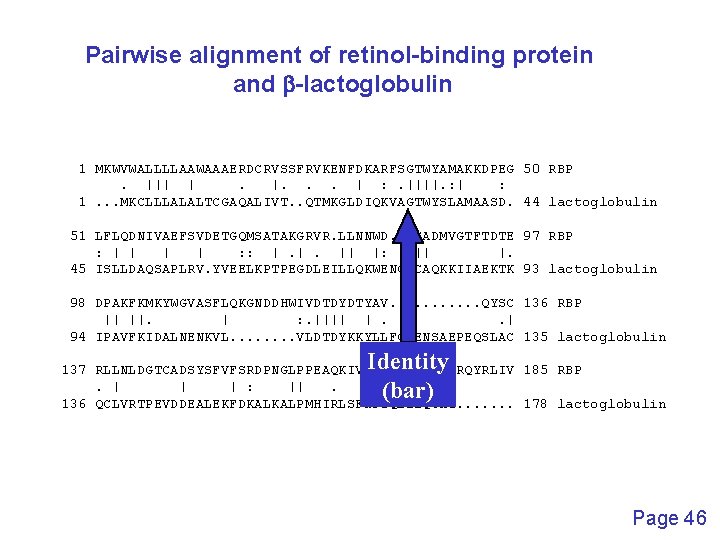 Pairwise alignment of retinol-binding protein and b-lactoglobulin 1 MKWVWALLLLAAWAAAERDCRVSSFRVKENFDKARFSGTWYAMAKKDPEG 50 RBP. ||| |. |.