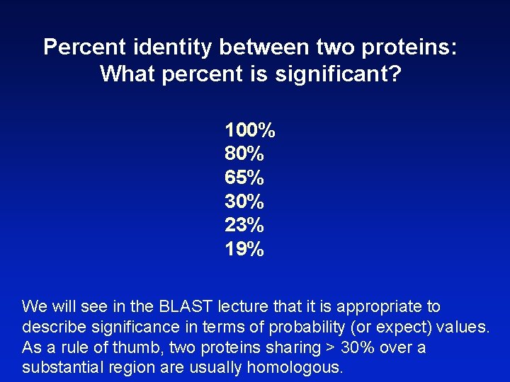 Percent identity between two proteins: What percent is significant? 100% 80% 65% 30% 23%