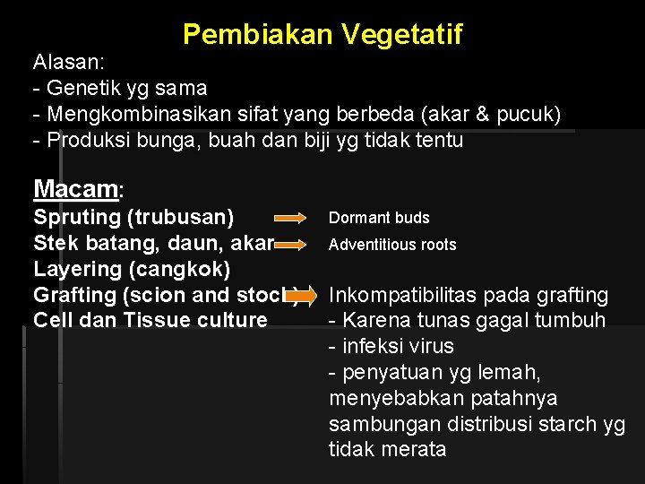 Pembiakan Vegetatif Alasan: - Genetik yg sama - Mengkombinasikan sifat yang berbeda (akar &