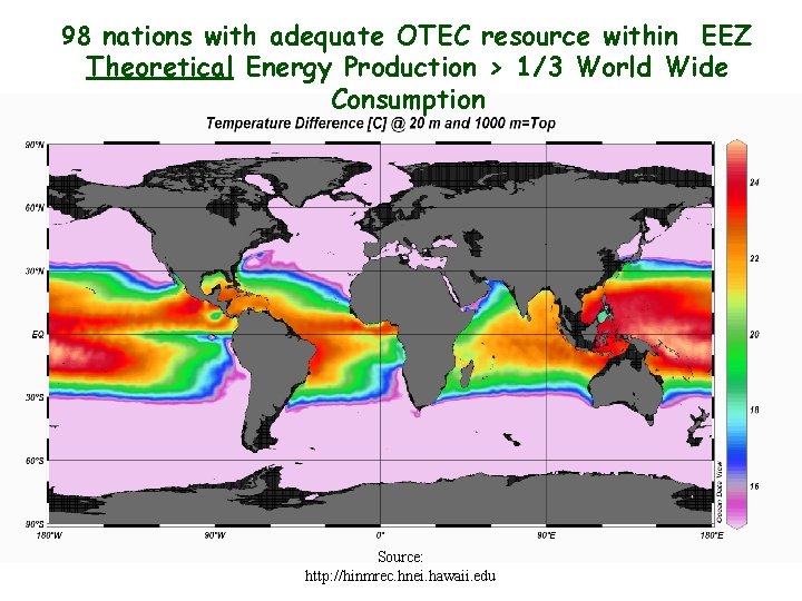 98 nations with adequate OTEC resource within EEZ Theoretical Energy Production > 1/3 World