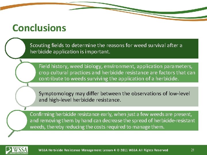 Conclusions Scouting fields to determine the reasons for weed survival after a herbicide application