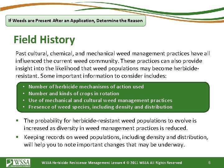 If Weeds are Present After an Application, Determine the Reason Field History Past cultural,