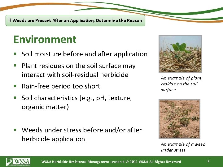If Weeds are Present After an Application, Determine the Reason Environment § Soil moisture