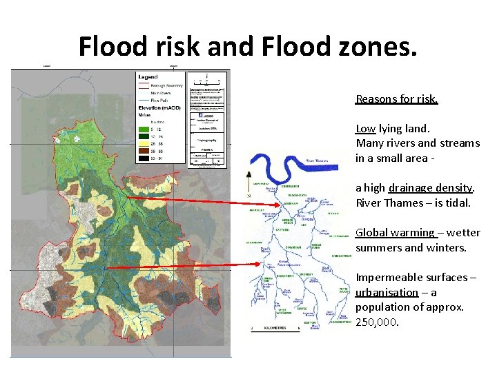 Flood risk and Flood zones. Reasons for risk. Low lying land. Many rivers and