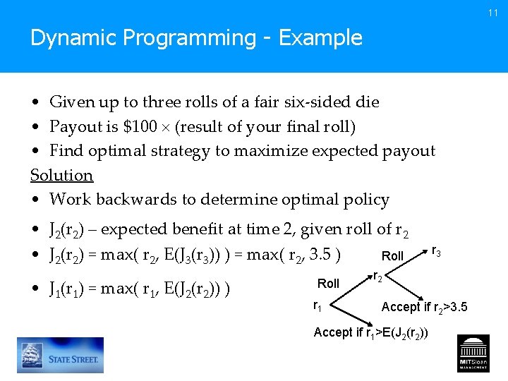 11 Dynamic Programming - Example • Given up to three rolls of a fair