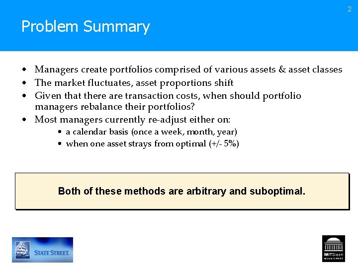2 Problem Summary • Managers create portfolios comprised of various assets & asset classes