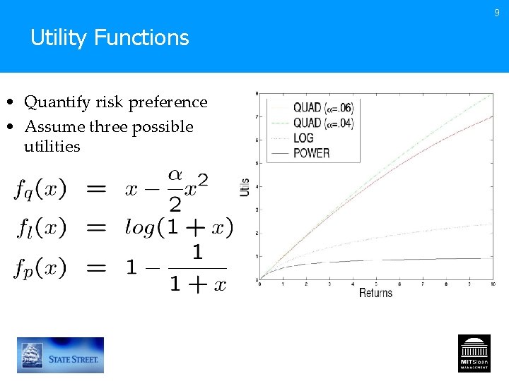 9 Utility Functions • Quantify risk preference • Assume three possible utilities 