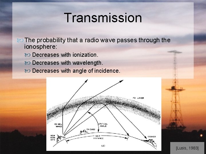 Transmission The probability that a radio wave passes through the ionosphere: Decreases with ionization.