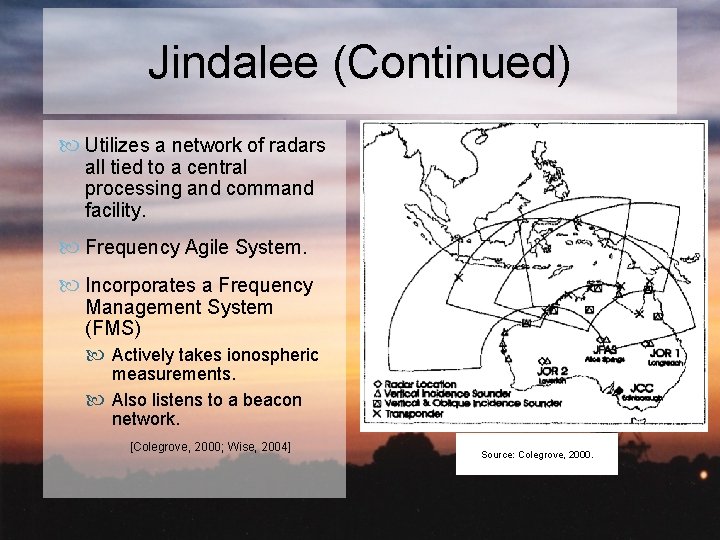 Jindalee (Continued) Utilizes a network of radars all tied to a central processing and