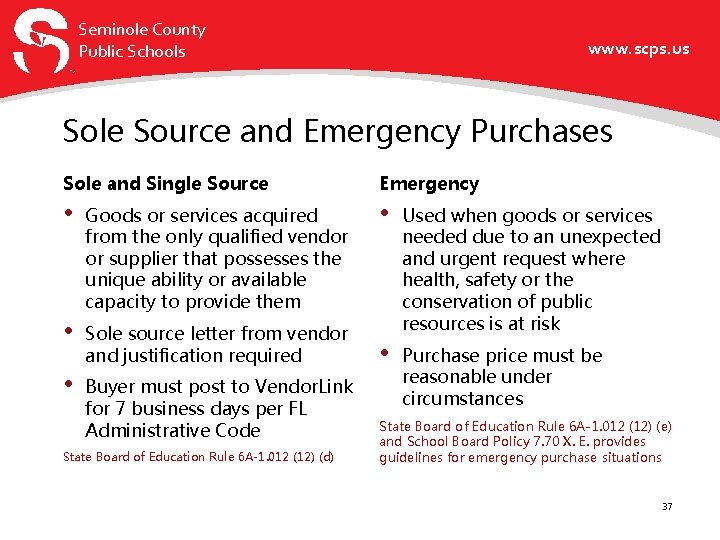 Seminole County Public Schools www. scps. us Sole Source and Emergency Purchases Sole and