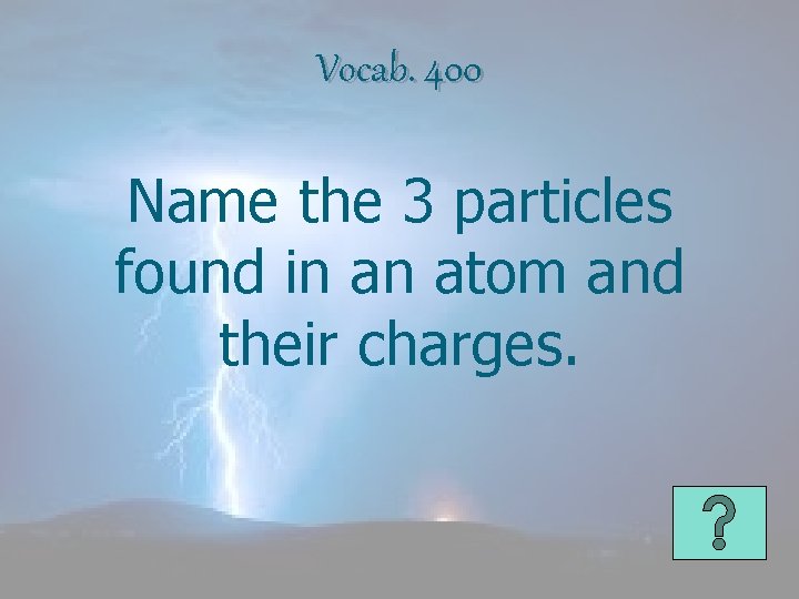 Vocab. 400 Name the 3 particles found in an atom and their charges. 