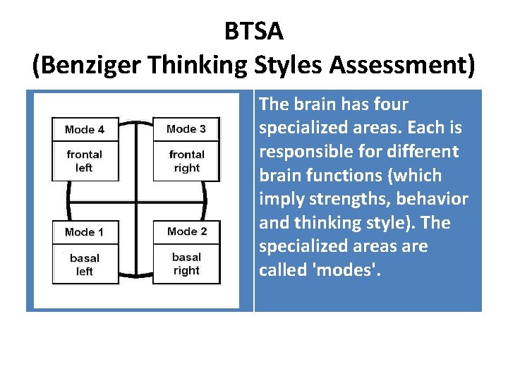 BTSA (Benziger Thinking Styles Assessment) The brain has four specialized areas. Each is responsible