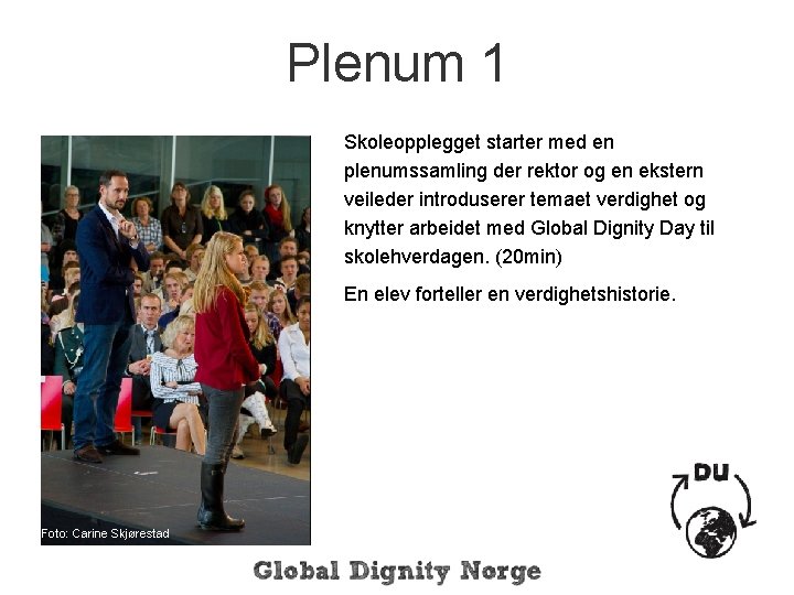 Plenum 1 Skoleopplegget starter med en plenumssamling der rektor og en ekstern veileder introduserer