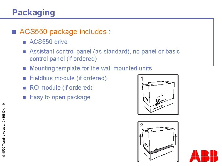 Packaging ACS 550 Training course. © ABB Oy. - 61 n ACS 550 package