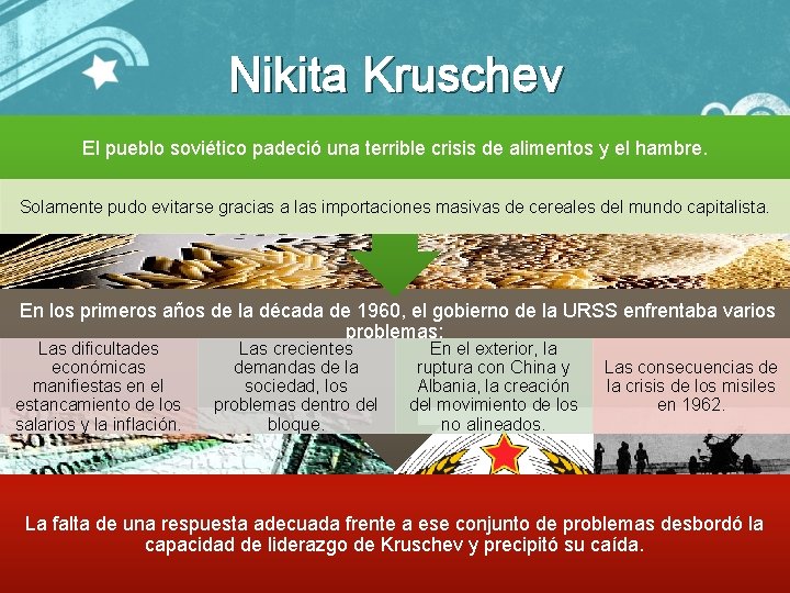 Nikita Kruschev El pueblo soviético padeció una terrible crisis de alimentos y el hambre.