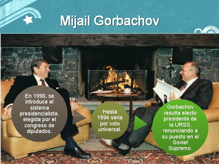 Mijail Gorbachov En 1990, se introduce el sistema presidencialista, elegida por el congreso de