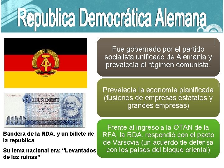 Fue gobernado por el partido socialista unificado de Alemania y prevalecía el régimen comunista.