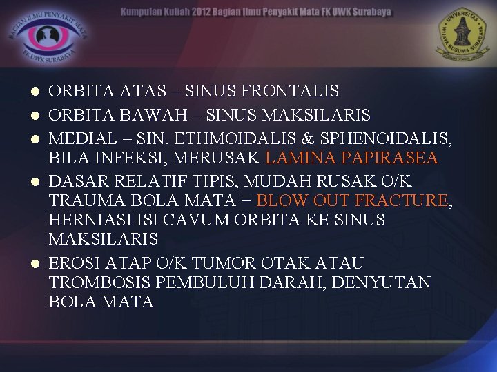 l l l ORBITA ATAS – SINUS FRONTALIS ORBITA BAWAH – SINUS MAKSILARIS MEDIAL