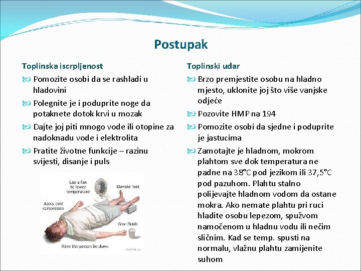 Postupak Toplinska iscrpljenost Pomozite osobi da se rashladi u hladovini Polegnite je i poduprite