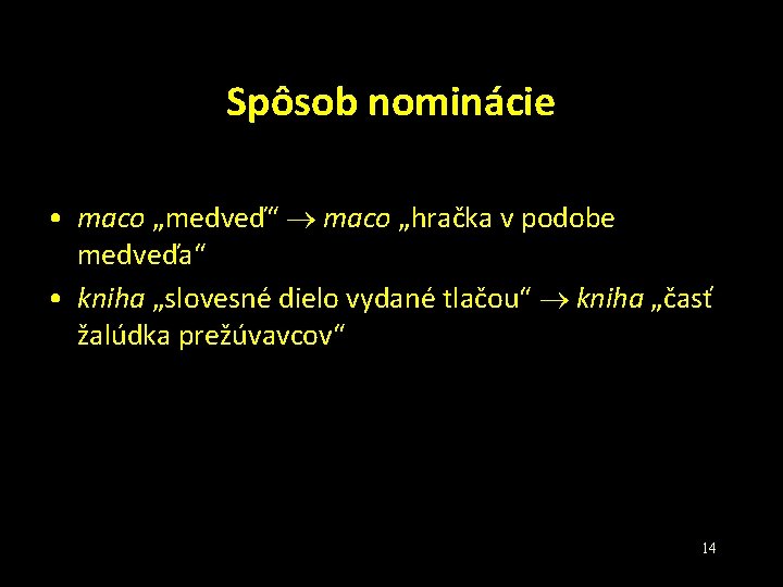 Spôsob nominácie • maco „medveď“ maco „hračka v podobe medveďa“ • kniha „slovesné dielo