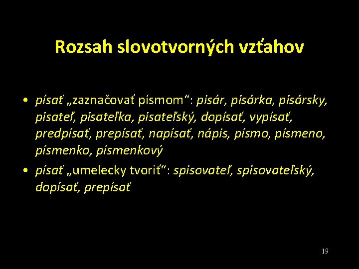 Rozsah slovotvorných vzťahov • písať „zaznačovať písmom“: pisár, pisárka, pisársky, pisateľka, pisateľský, dopísať, vypísať,