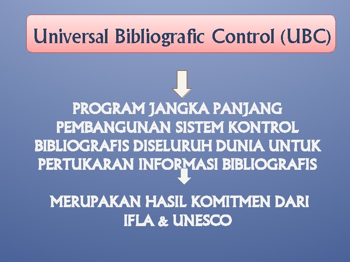 Universal Bibliografic Control (UBC) PROGRAM JANGKA PANJANG PEMBANGUNAN SISTEM KONTROL BIBLIOGRAFIS DISELURUH DUNIA UNTUK