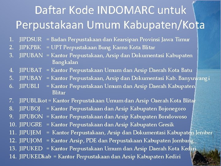 Daftar Kode INDOMARC untuk Perpustakaan Umum Kabupaten/Kota 1. JIPDSUR = Badan Perpustakaan dan Kearsipan