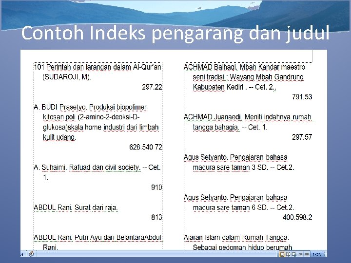 Contoh Indeks pengarang dan judul 