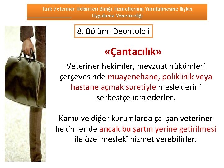 Türk Veteriner Hekimleri Birliği Hizmetlerinin Yürütülmesine İlişkin Uygulama Yönetmeliği 8. Bölüm: Deontoloji «Çantacılık» Veteriner