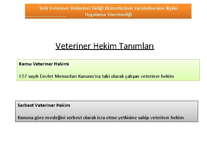 Türk Veteriner Hekimleri Birliği Hizmetlerinin Yürütülmesine İlişkin Uygulama Yönetmeliği Veteriner Hekim Tanımları Kamu Veteriner