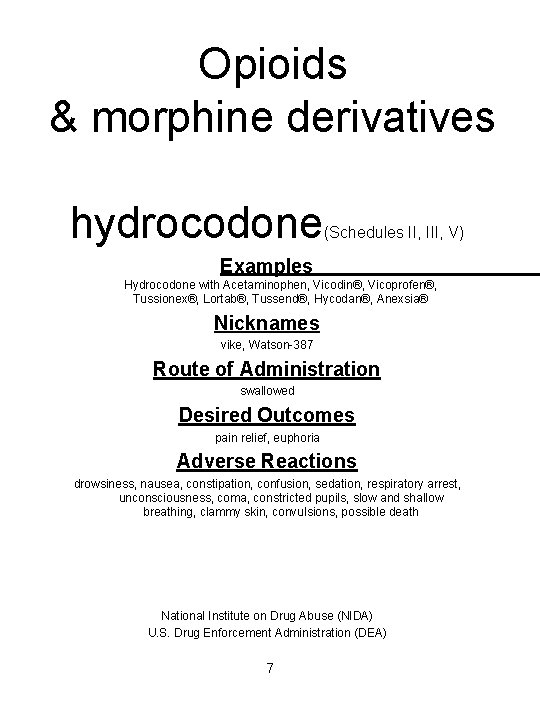 Opioids & morphine derivatives hydrocodone (Schedules II, III, V) Examples Hydrocodone with Acetaminophen, Vicodin®,