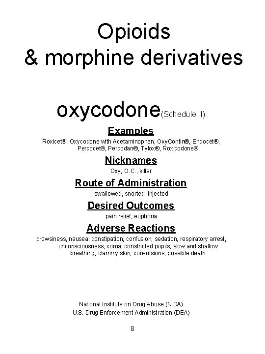 Opioids & morphine derivatives oxycodone (Schedule II) Examples Roxicet®, Oxycodone with Acetaminophen, Oxy. Contin®,