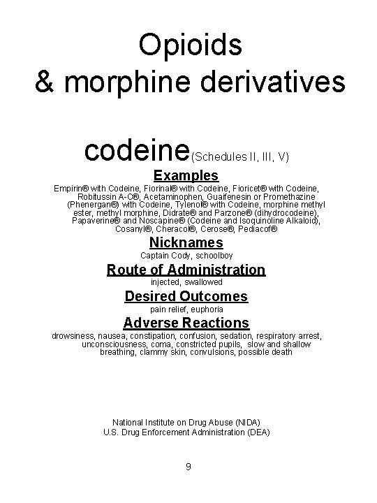 Opioids & morphine derivatives codeine (Schedules II, III, V) Examples Empirin® with Codeine, Fiorinal®