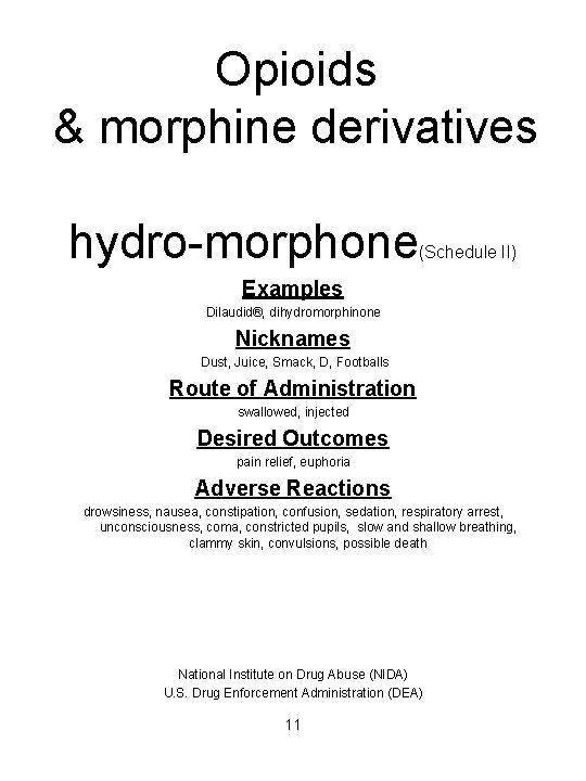 Opioids & morphine derivatives hydro-morphone (Schedule II) Examples Dilaudid®, dihydromorphinone Nicknames Dust, Juice, Smack,