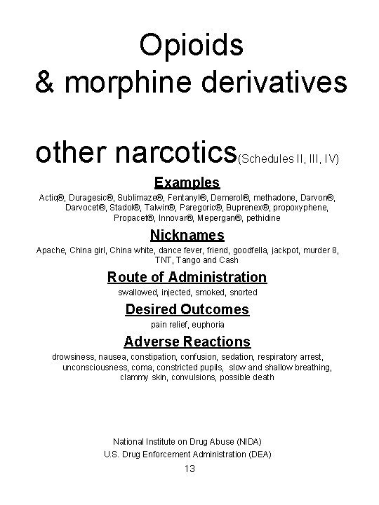 Opioids & morphine derivatives other narcotics (Schedules II, IV) Examples Actiq®, Duragesic®, Sublimaze®, Fentanyl®,