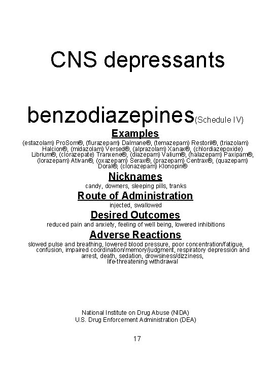 CNS depressants benzodiazepines (Schedule IV) Examples (estazolam) Pro. Som®, (flurazepam) Dalmane®, (temazepam) Restoril®, (triazolam)