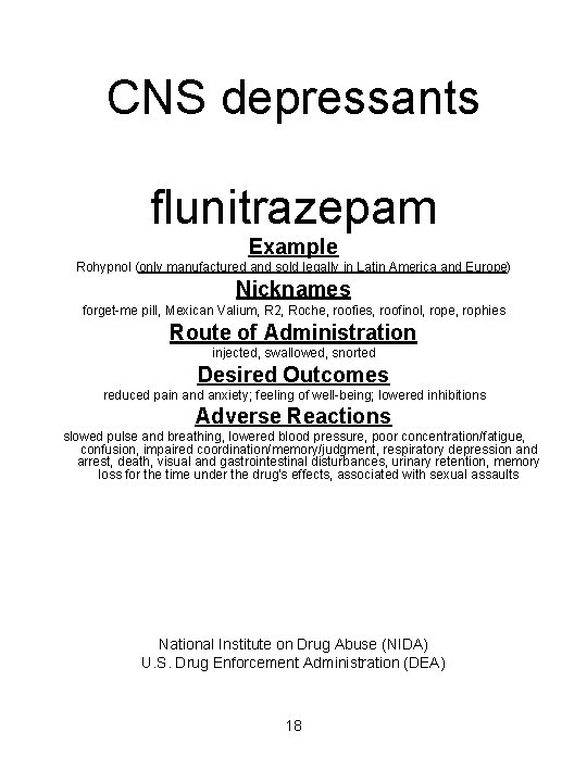 CNS depressants flunitrazepam Example Rohypnol (only manufactured and sold legally in Latin America and