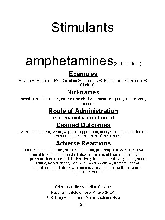 Stimulants amphetamines (Schedule II) Examples Adderall®, Adderall XR®, Dexedrine®, Dextrostat®, Biphetamine®, Durophet®, Obetrol® Nicknames