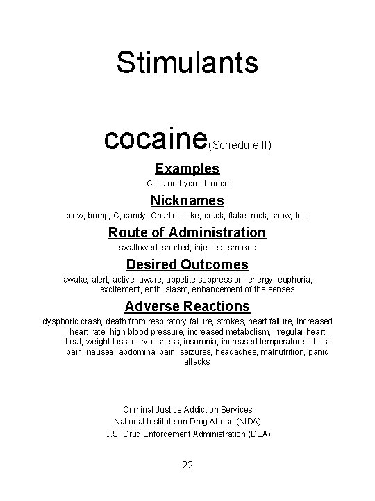 Stimulants cocaine (Schedule II) Examples Cocaine hydrochloride Nicknames blow, bump, C, candy, Charlie, coke,