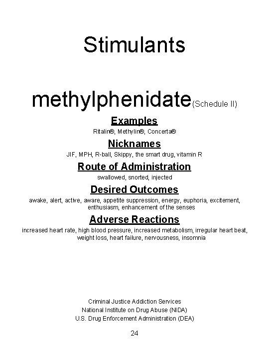 Stimulants methylphenidate (Schedule II) Examples Ritalin®, Methylin®, Concerta® Nicknames JIF, MPH, R-ball, Skippy, the