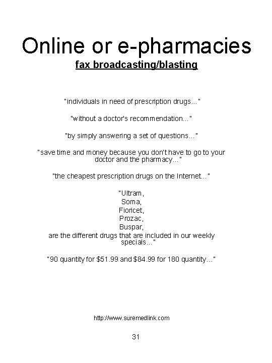 Online or e-pharmacies fax broadcasting/blasting “individuals in need of prescription drugs…” “without a doctor’s