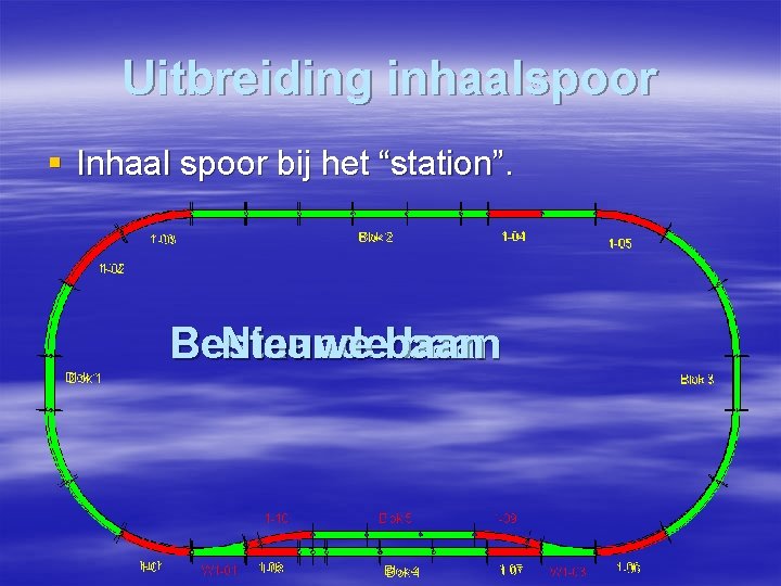 Uitbreiding inhaalspoor § Inhaal spoor bij het “station”. Bestaande baan Nieuwe baan 